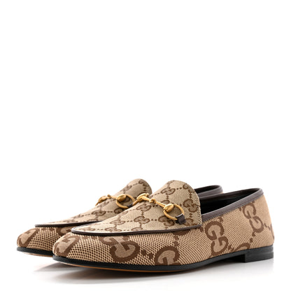 Gucci Monogram Jumbo GG Malaga Kid Horsebit Womens Jordaan Loafers 38 Camel Ebony New Acero Beige 3 of 14