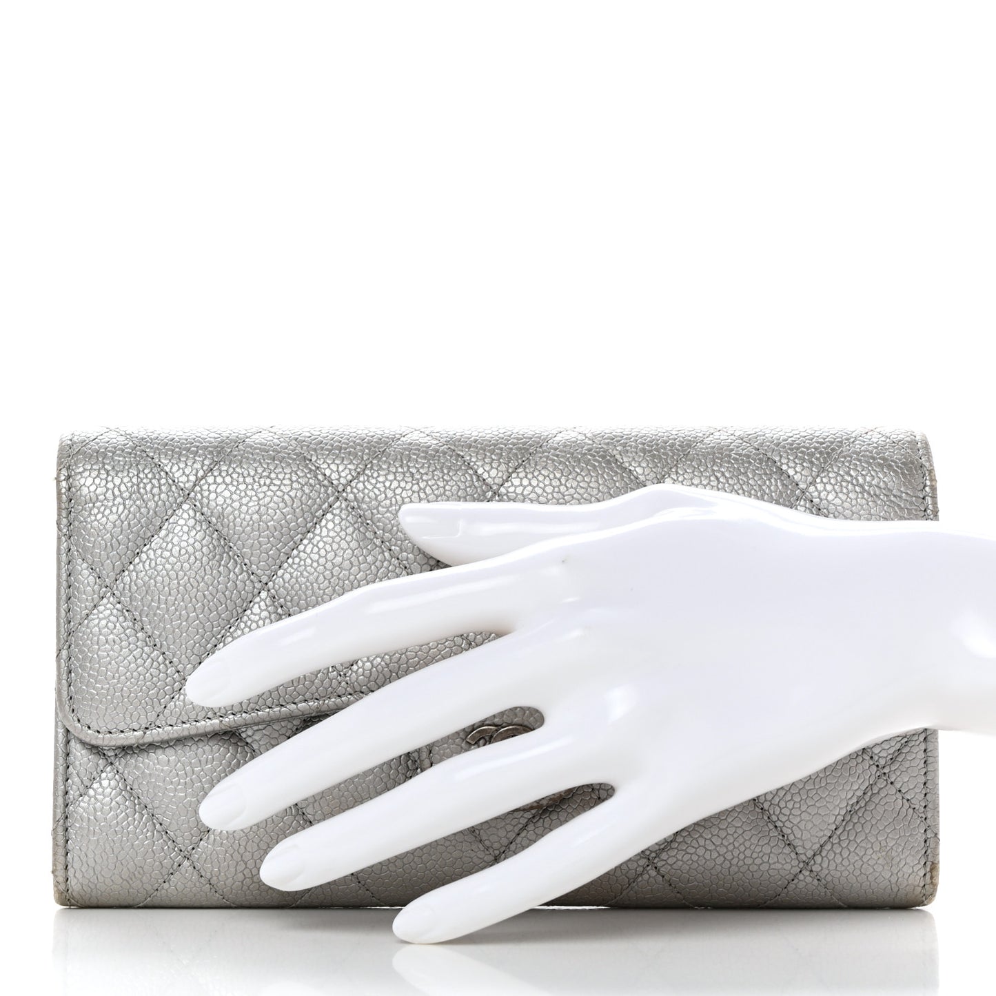 Glittered Metallic Caviar Quilted Large Flap Wallet Silver