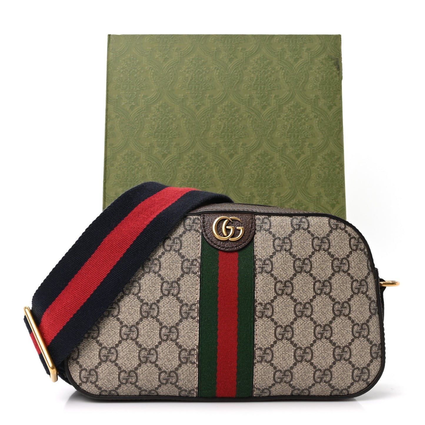GG Supreme Monogram Textured Dollar Calfskin Web Ophidia Small Crossbody Bag Beige Ebony New Acero