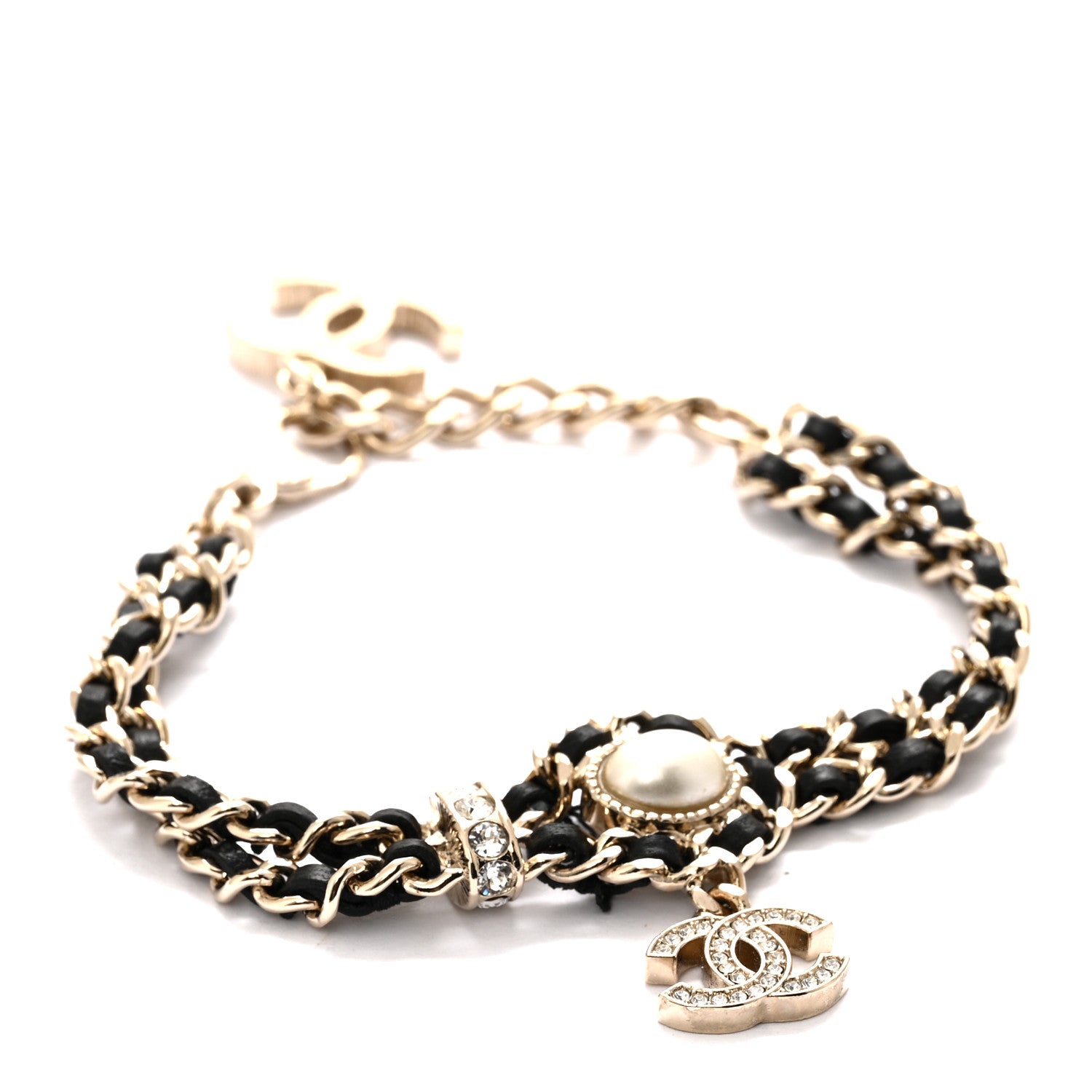 Chanel Lambskin Metal Crystal Pearl CC Bracelet Gold 1 of 6