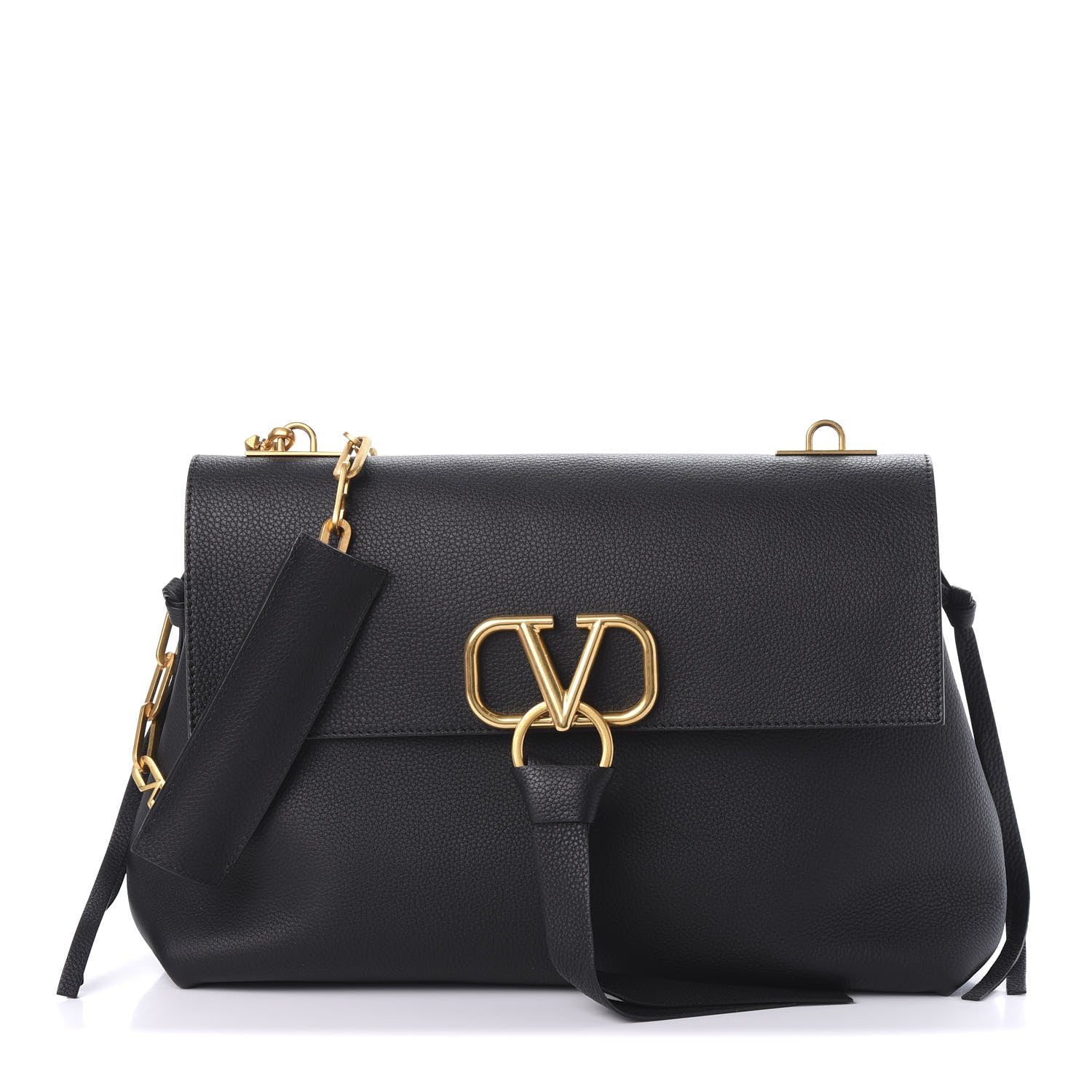 Valentino Garavani Pebbled Calfskin Large VRing Chain Shoulder Bag Black 1 of 8