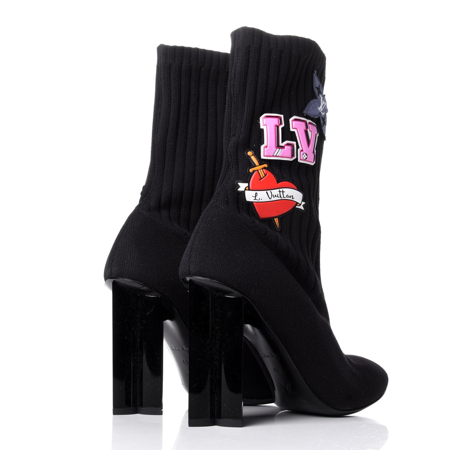 Stretch Fabric LV Black Heart Sock Ankle Boots 40 Black