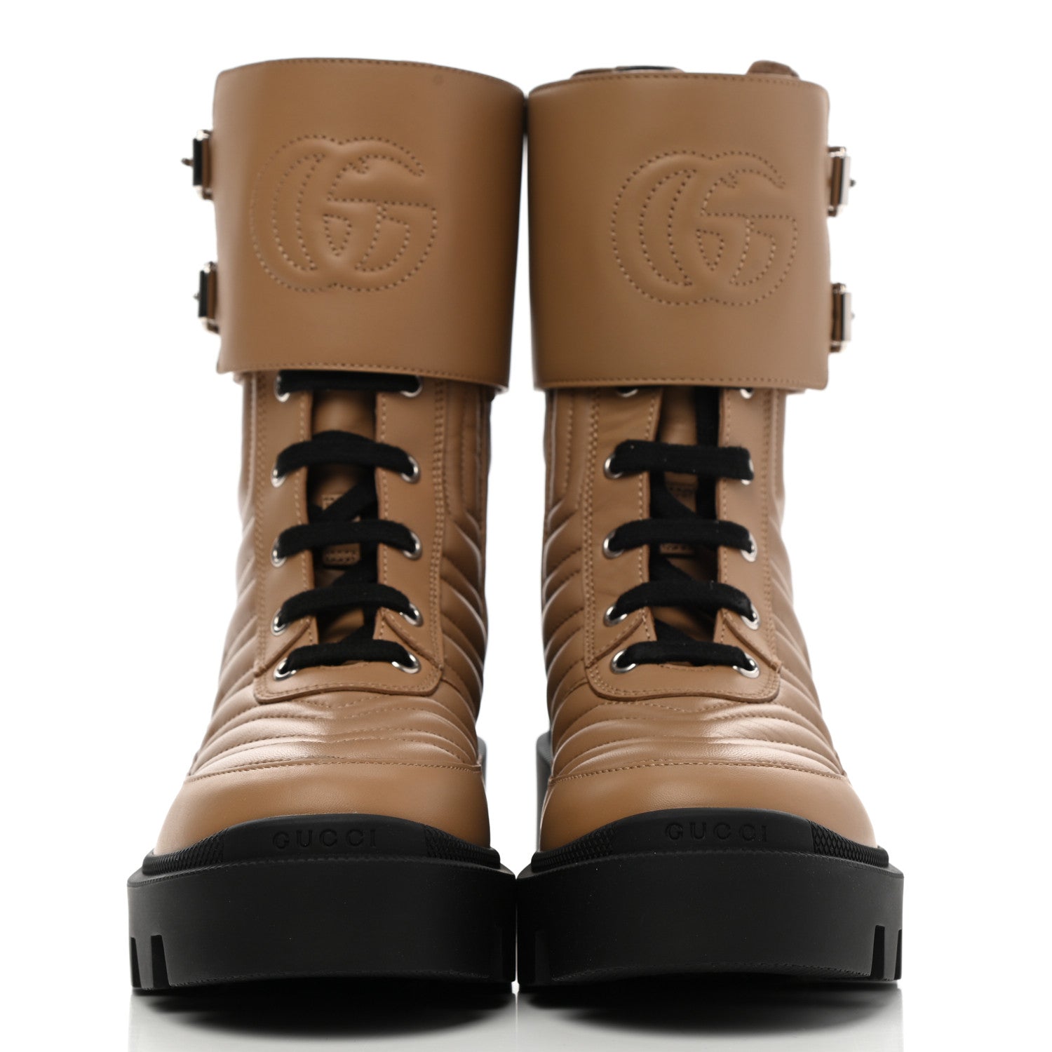 Gucci Nappa Frances GG Matelasse Platform Combat Boots 36 Natural Tan 2 of 10