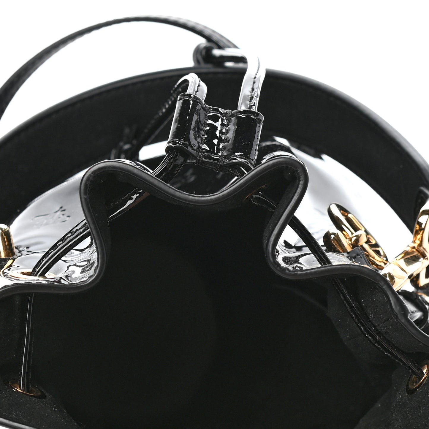 Vitello Vernice Mou F is Fendi Karligraphy Embossed Mini Mon Tresor Bucket Bag Black