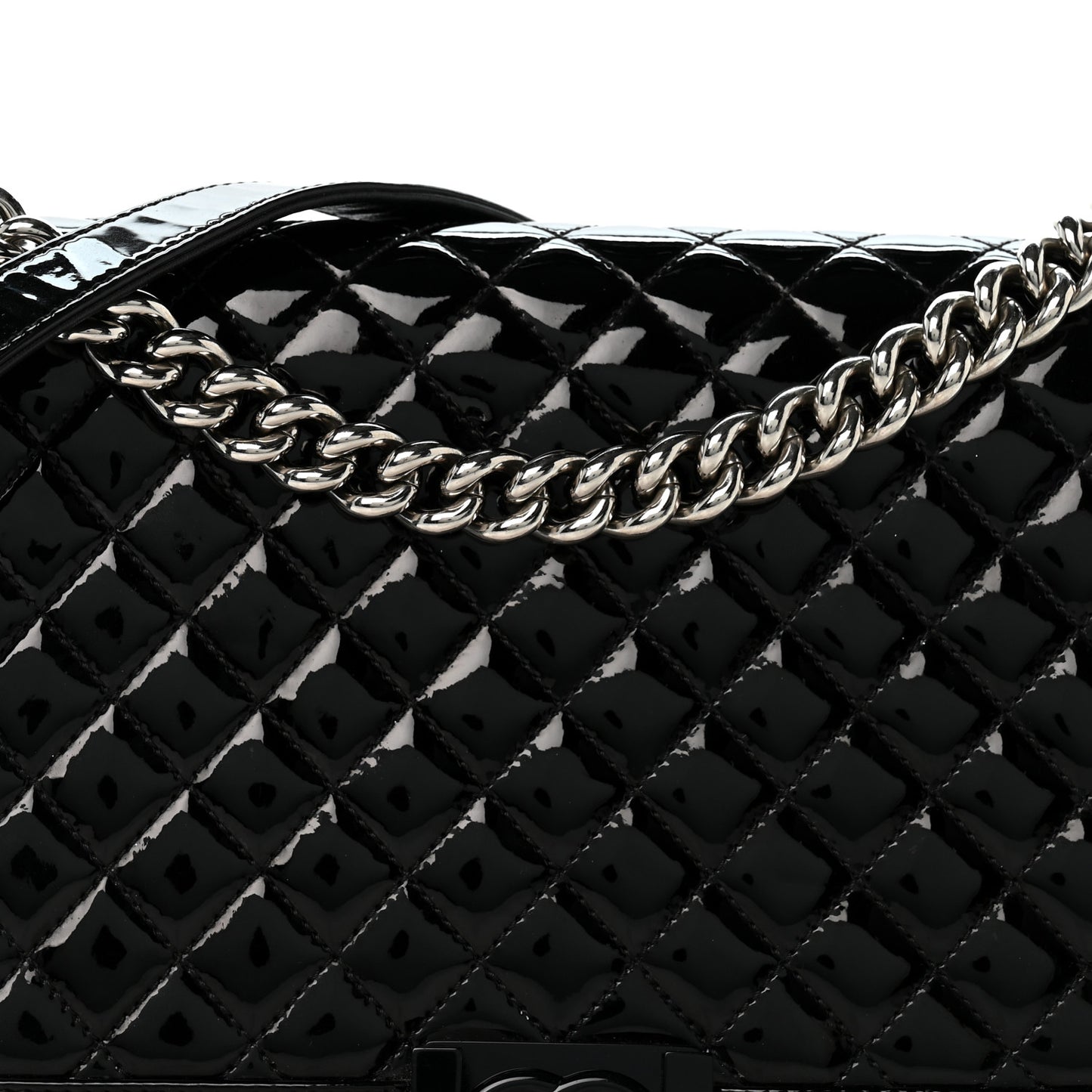 Patent Calfskin Quilted New Medium Plexiglass Boy Flap Black