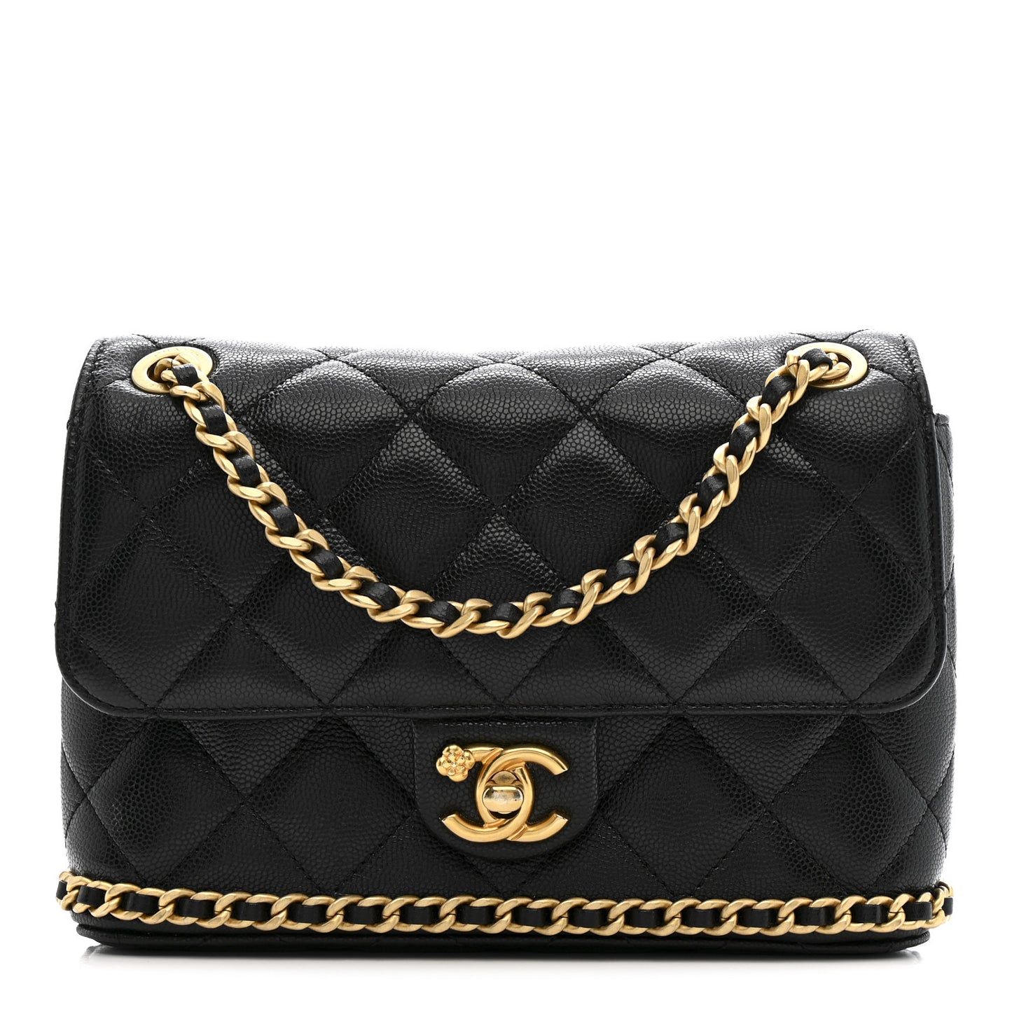 Caviar Quilted Camellia Chain Around Flap Black