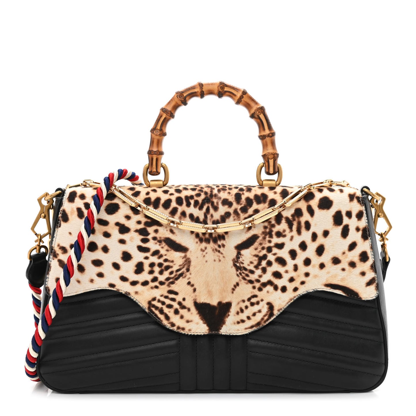 Calfskin Tarapunta Pony Hair Jaguar Print Bamboo Top Handle Flap Bag Black