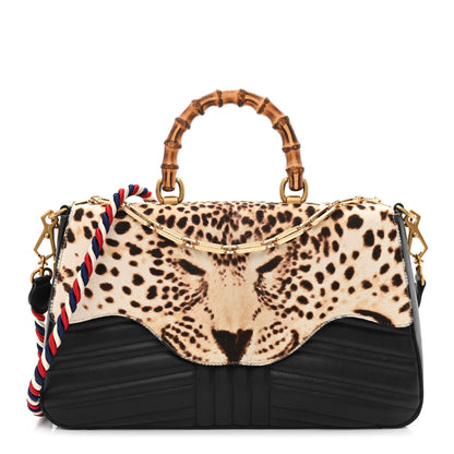 Gucci Calfskin Tarapunta Pony Hair Jaguar Print Bamboo Top Handle Flap Bag Black 1 of 10