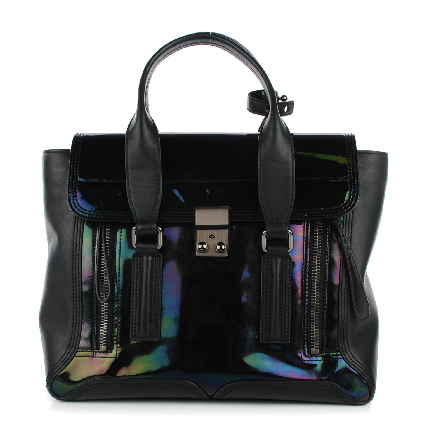 3.1 Oil Slick Patent Medium Pashli Satchel Black