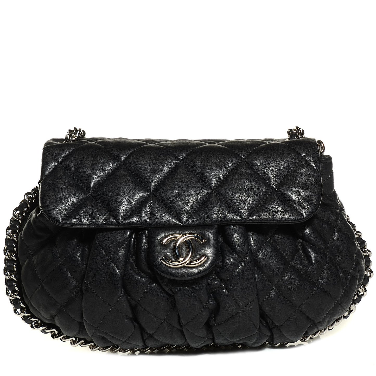 Crumpled Lambskin Quilted Medium Chain Around Messenger Black