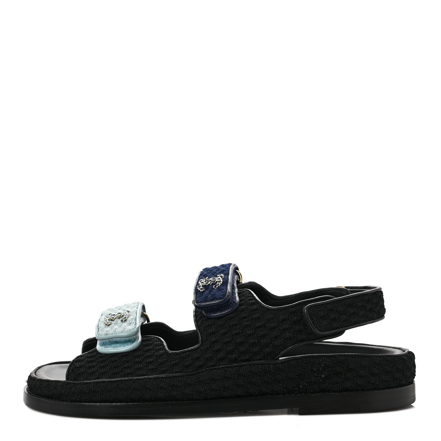 Chanel Knit Fabric Velcro Dad Sandals 38 Black Dark Blue Light Blue 1 of 9