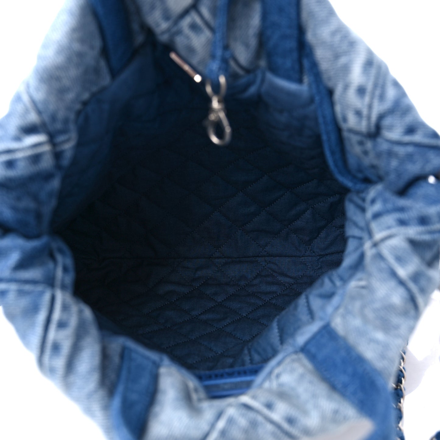 Denim Quilted Chanel 22 Backpack Blue