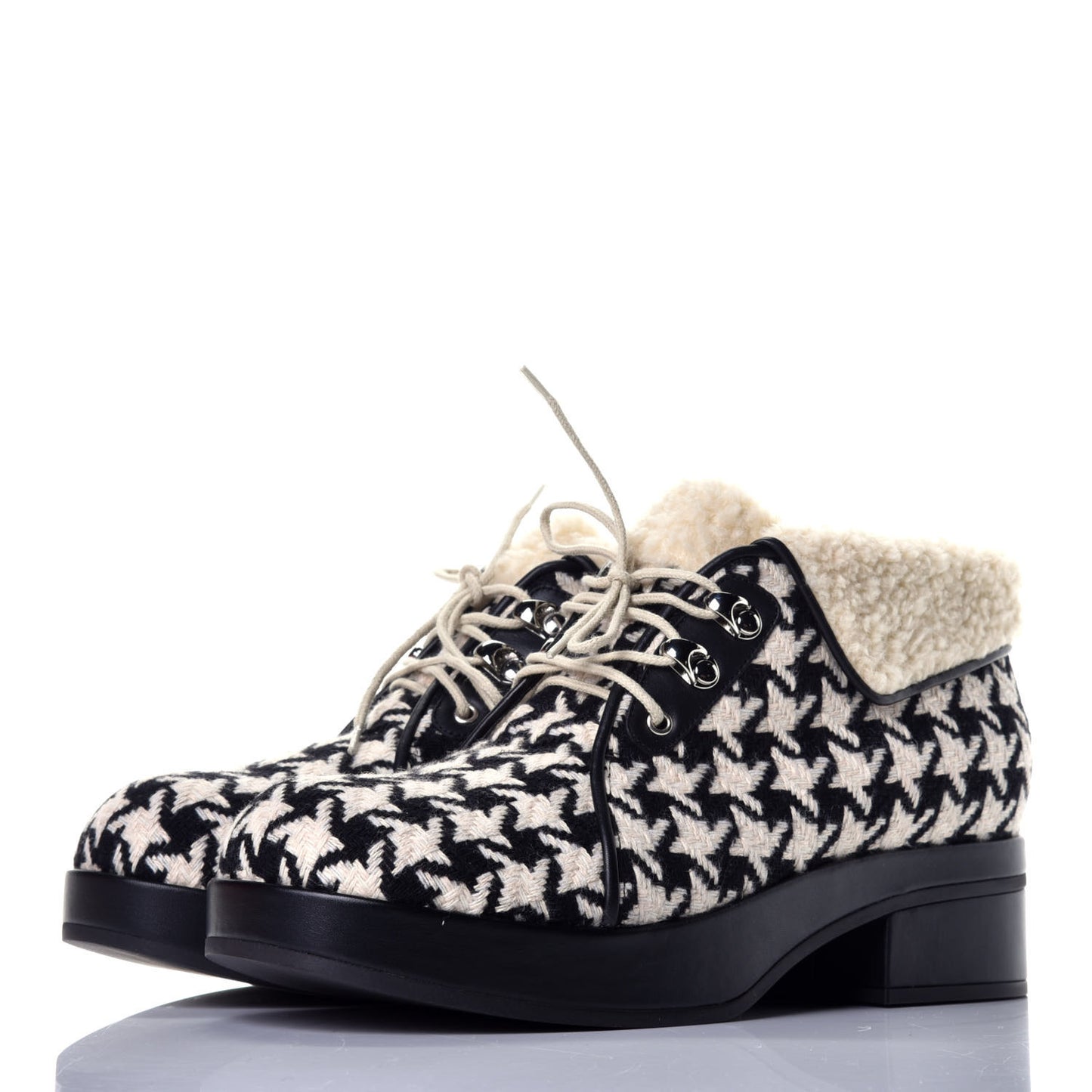 Optical Tweed Faux Shearling Houndstooth Victor Lace Up Ankle Boots 39.5 White Black