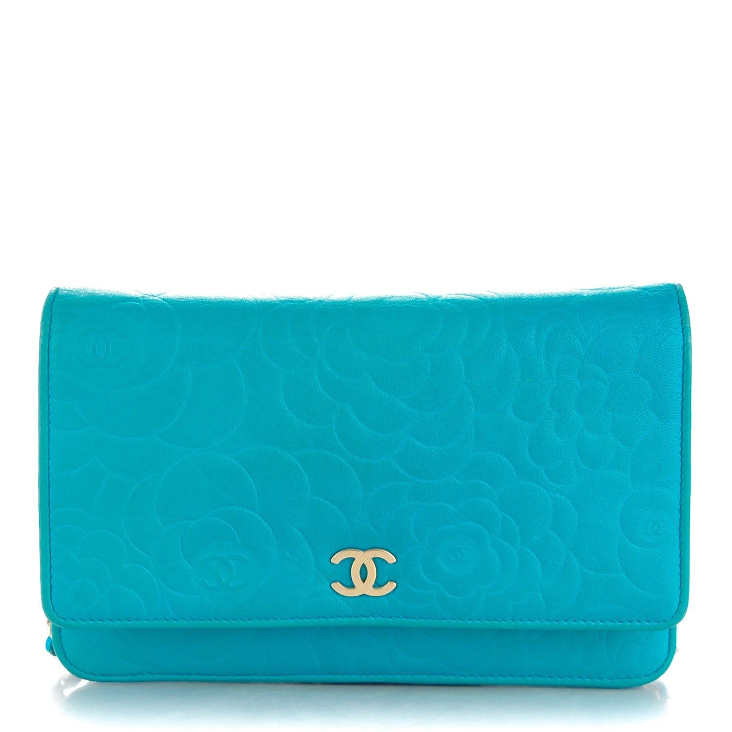 Chanel Lambskin Camellia Embossed Wallet On Chain WOC Turquoise 1 of 9