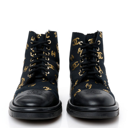 Chanel Lambskin Shearling Canvas CC Lace Up Boots 38.5 Black Gold 2 of 8