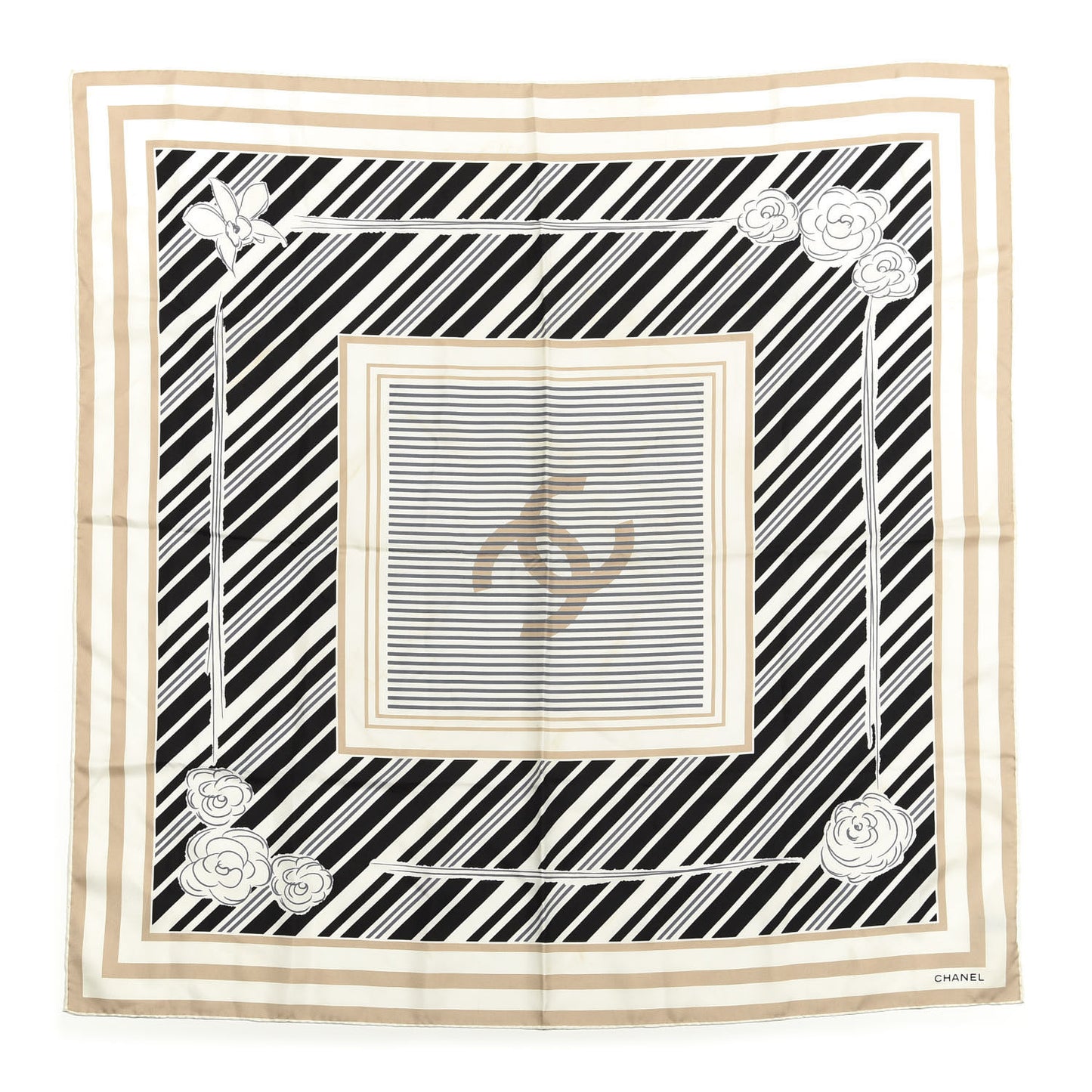 Silk Camellia CC Square Scarf Beige Black White