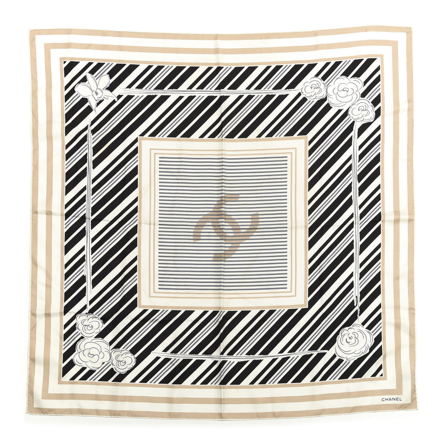 Chanel Silk Camellia CC Square Scarf Beige Black White 1 of 8