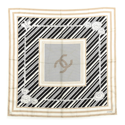 Chanel Silk Camellia CC Square Scarf Beige Black White 1 of 8