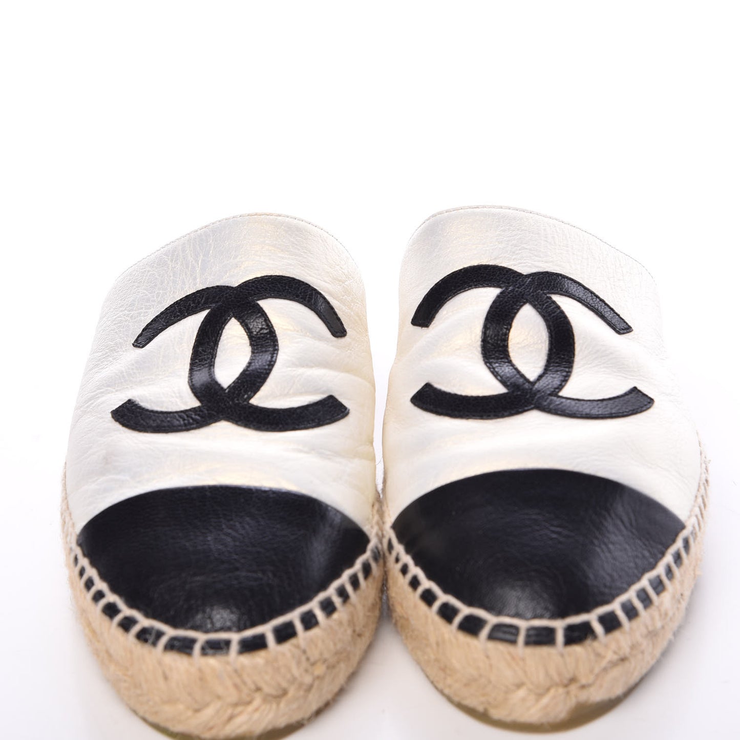 Iridescent Goatskin CC Espadrille Mules 36 Ivory Black
