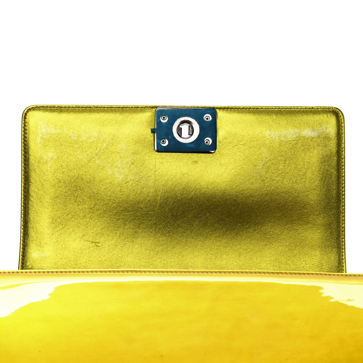 Metallic Patent Calfskin Quilted Medium Boy Flap Gold