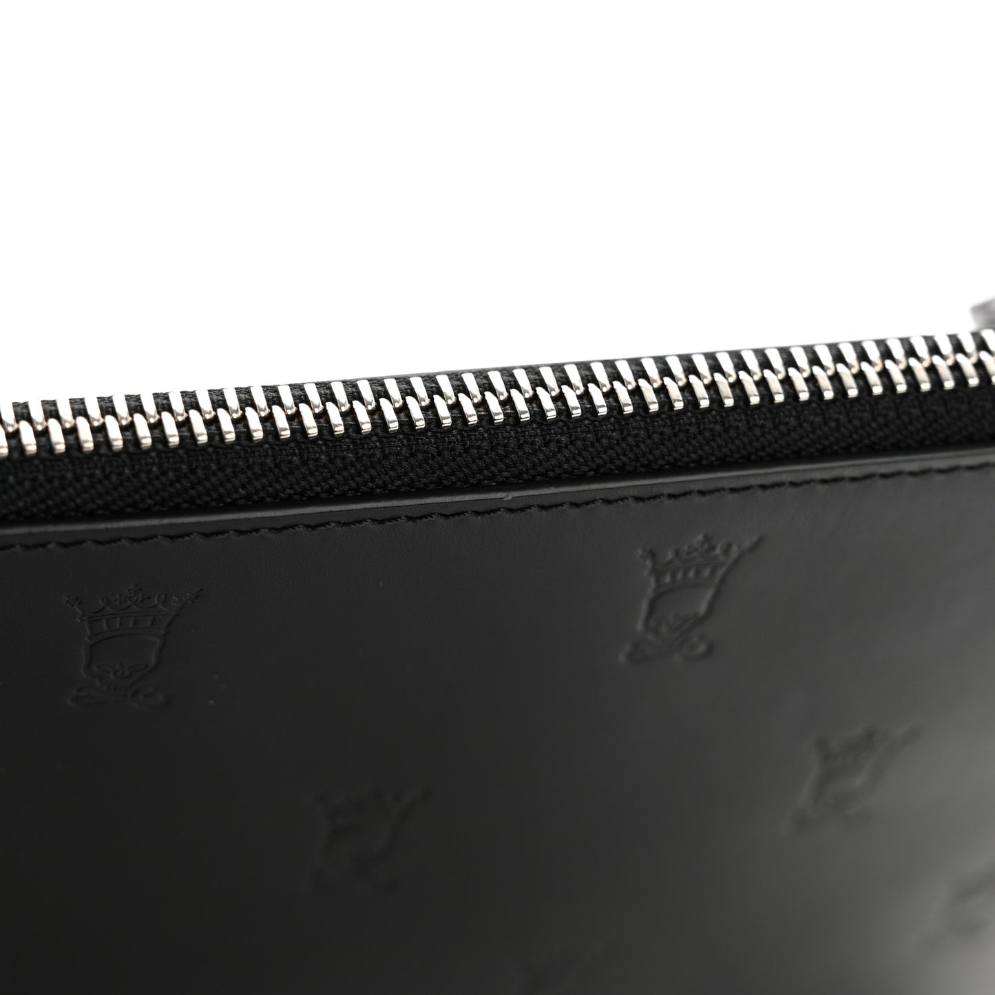 Smooth Calfskin Skull Embossed Zip Pouch Black