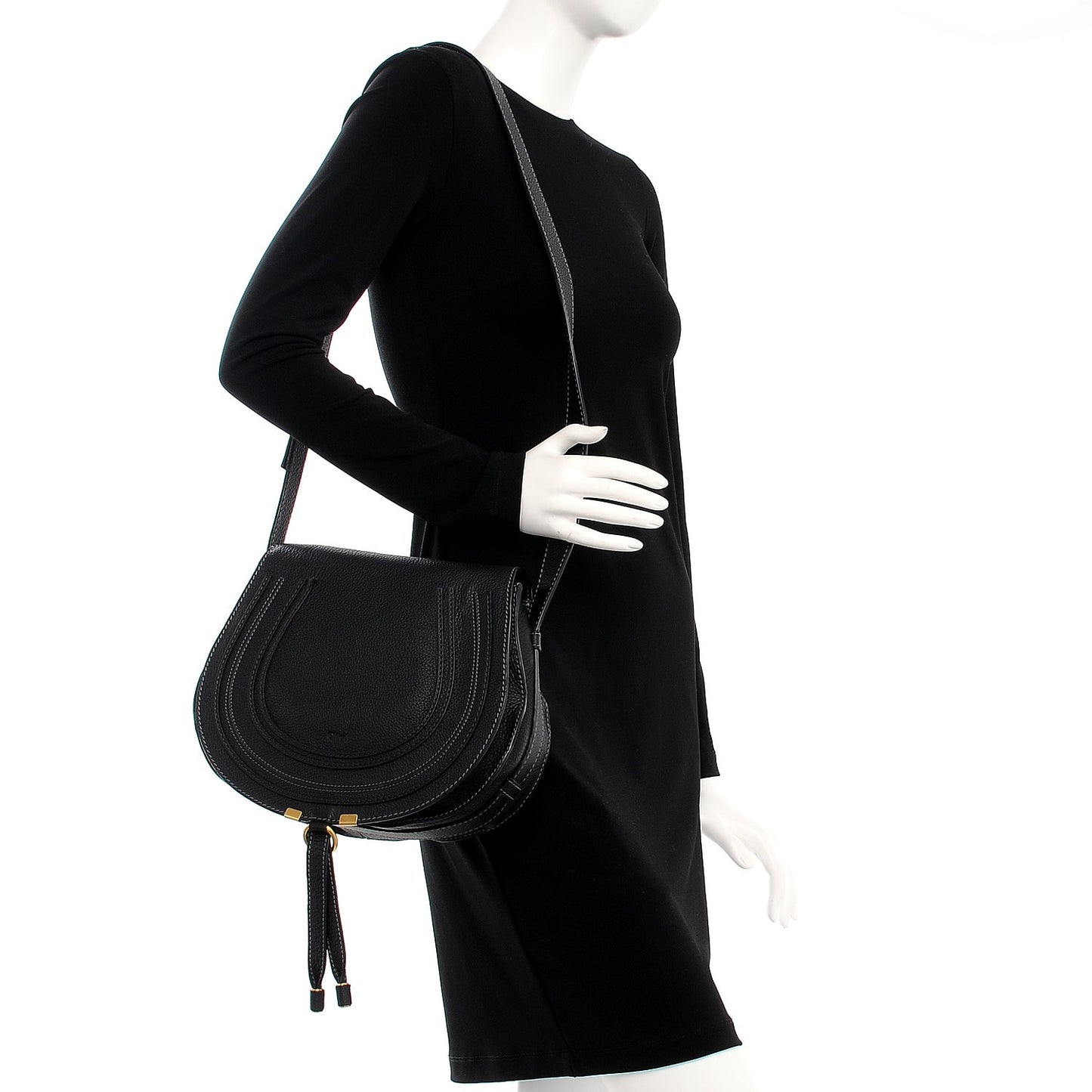 Calfskin Medium Marcie Round Crossbody Bag Black