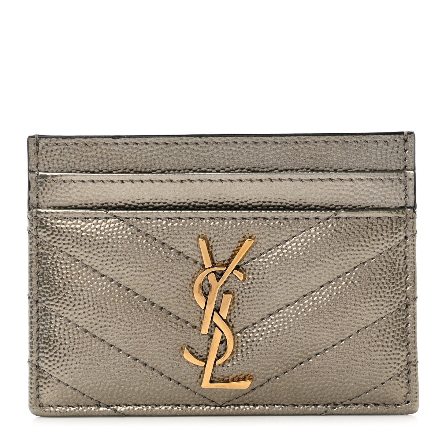 Metallic Grain De Poudre Matelasse Chevron Monogram Credit Card Case Pewter