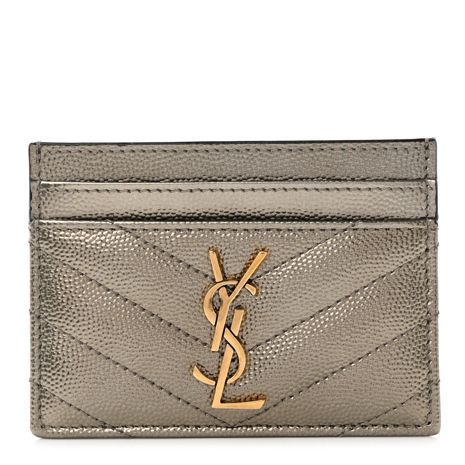 Saint Laurent Metallic Grain De Poudre Matelasse Chevron Monogram Credit Card Case Pewter 1 of 7