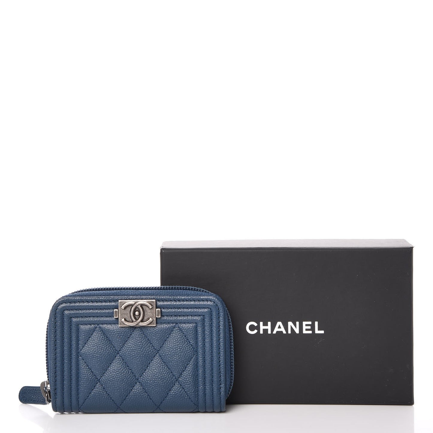 Caviar Quilted Boy Zip Around Coin Purse Wallet Dark Blue