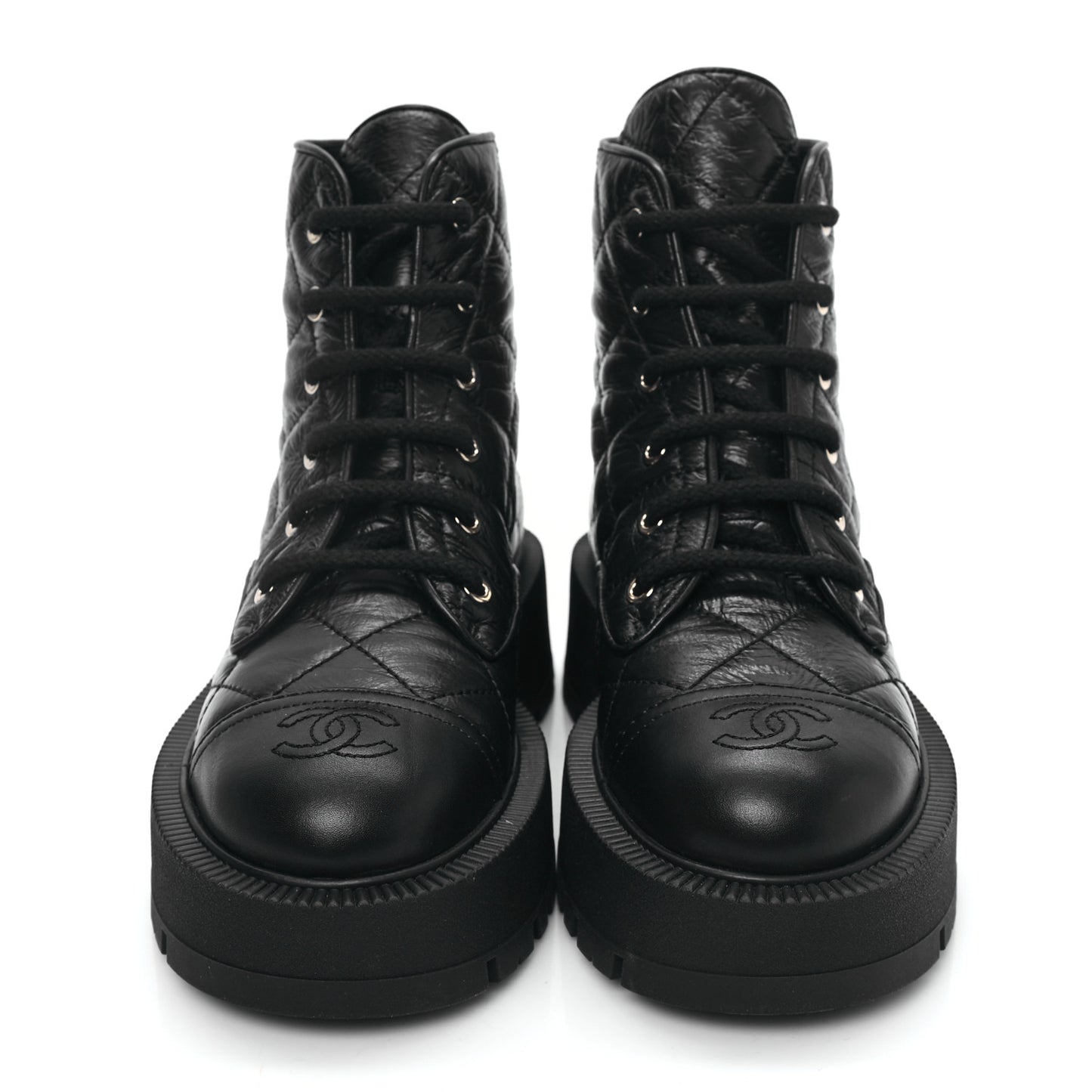 Crumpled Lambskin Quilted Platform Lace Up Combat Boots 36 Black