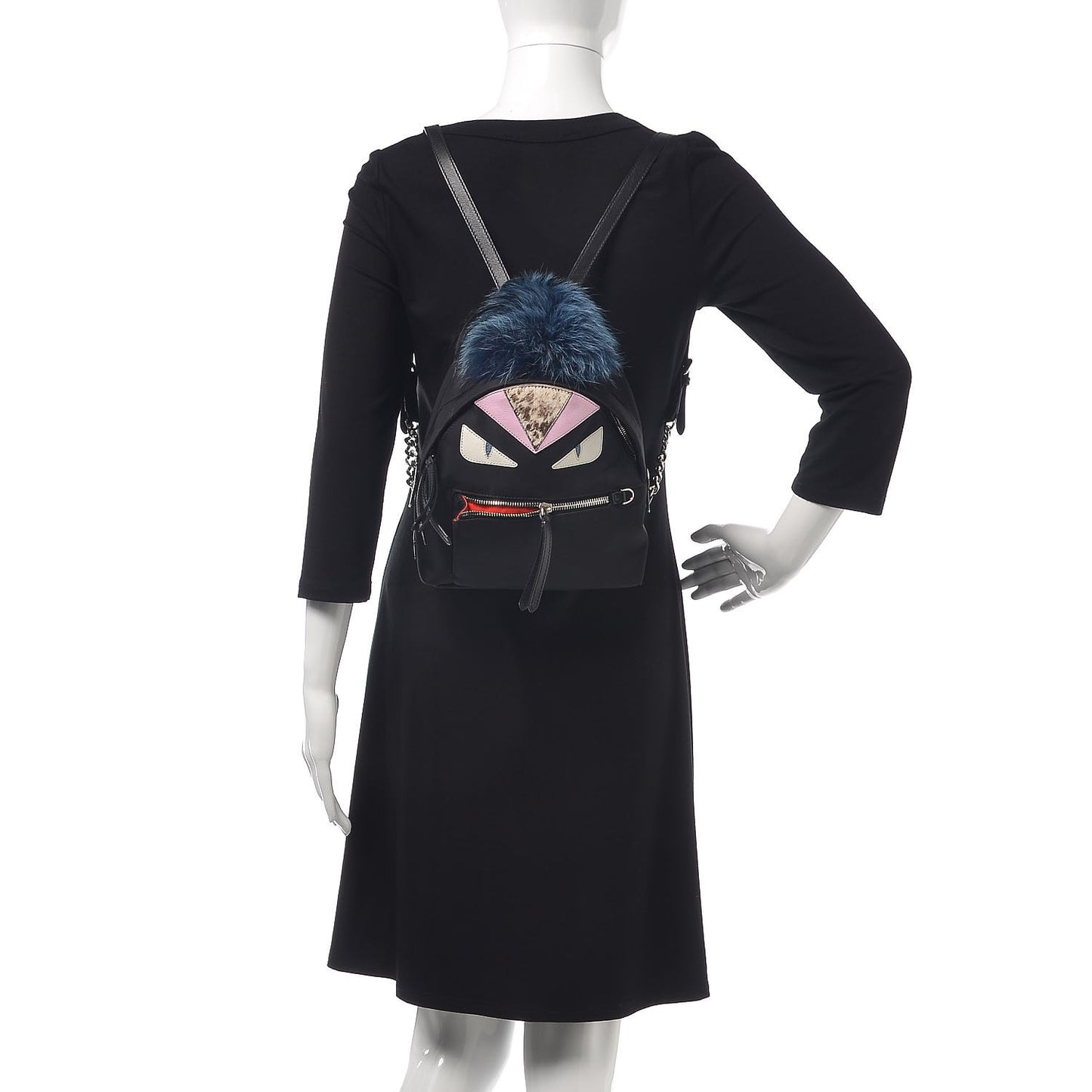 Nylon Vitello Fox Goat Fur Monster Eyes Mini Backpack Black Multicolor Sky