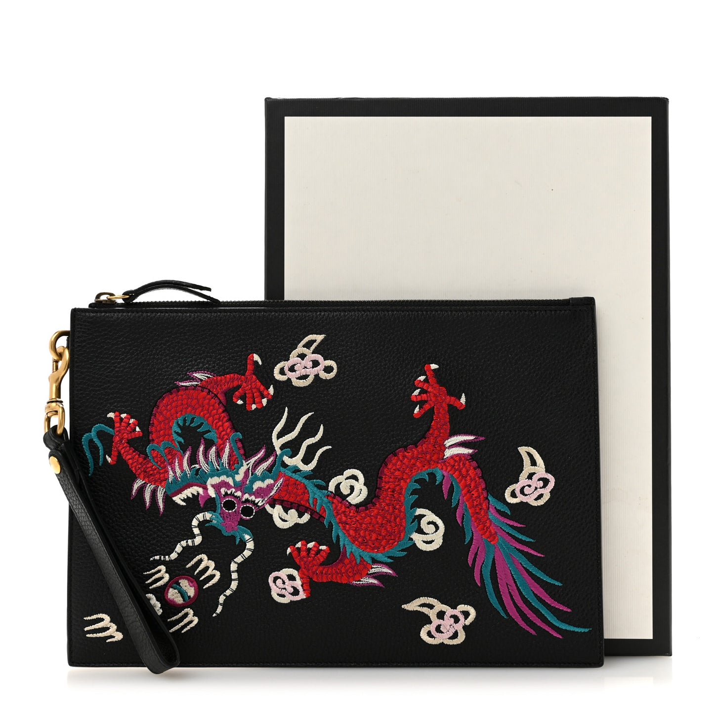 Calfskin Chinese Dragon Embroidered Zip Wristlet Pouch Multicolor Black
