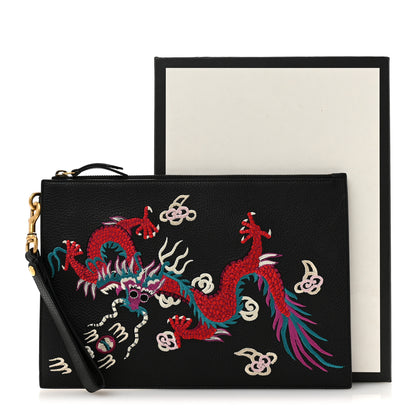 Gucci Calfskin Chinese Dragon Embroidered Zip Wristlet Pouch Multicolor Black 8 of 8