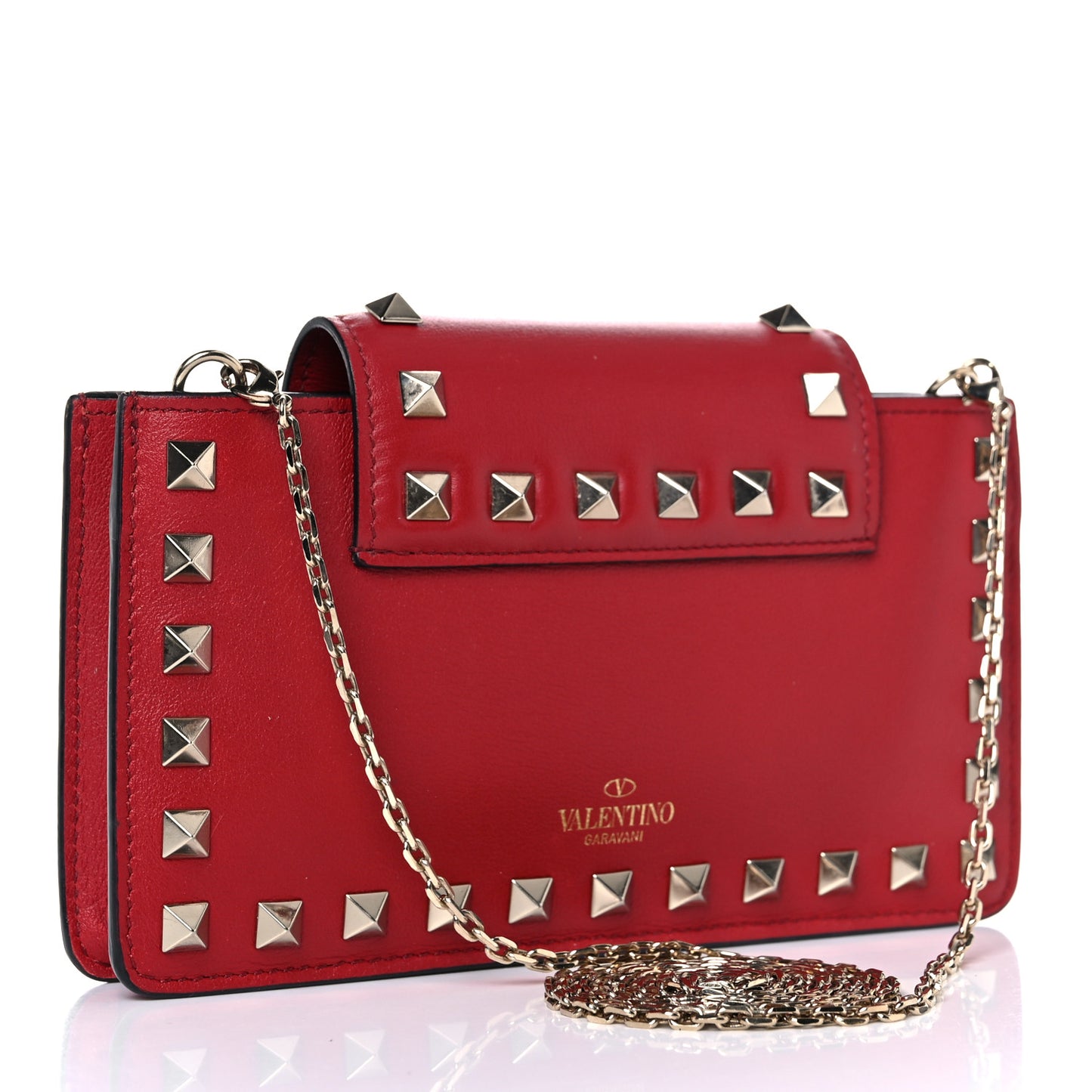 Calfskin Rockstud Phone Case With Chain Rosso Valentino