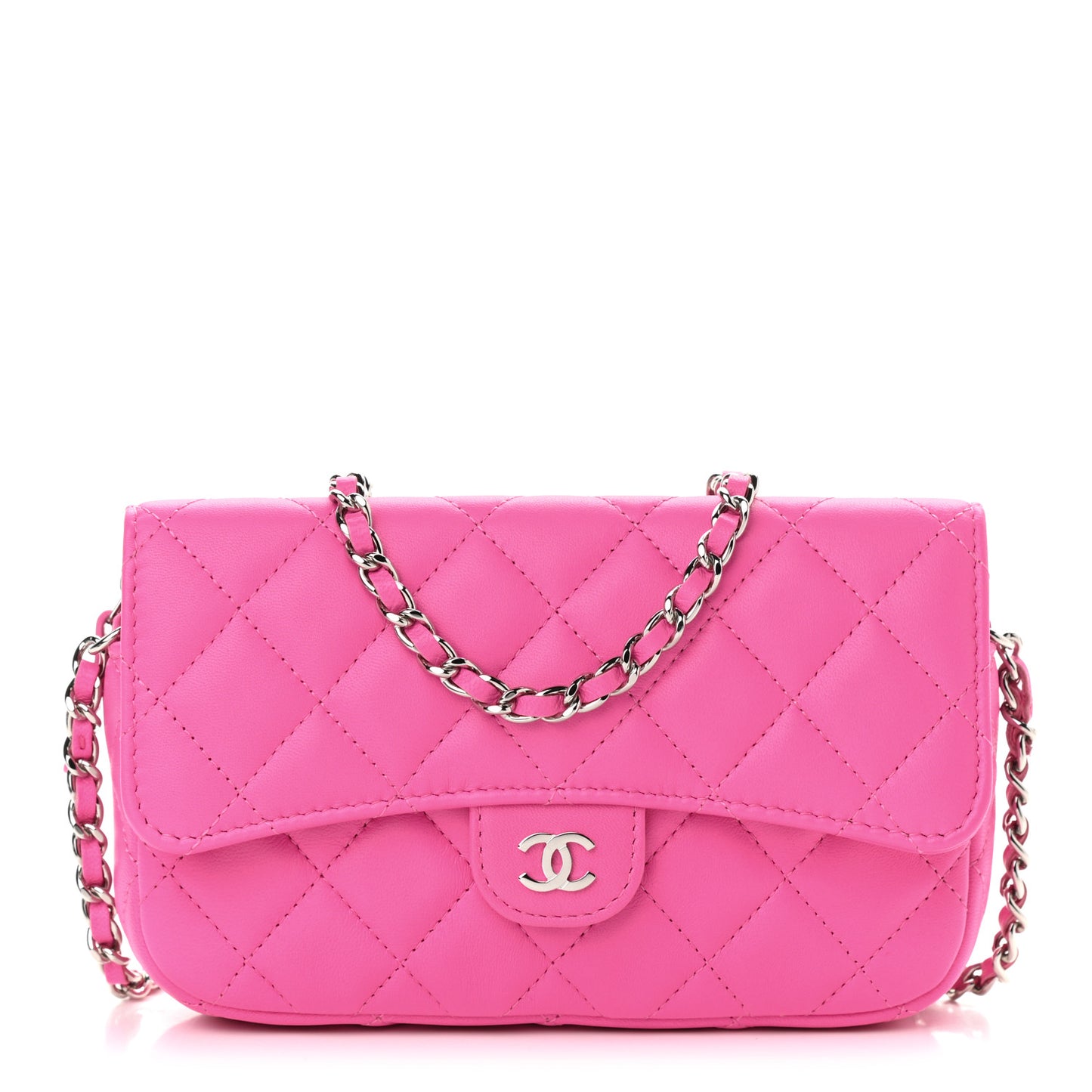 Lambskin Quilted Flap Phone Holder With Chain Neon Pink