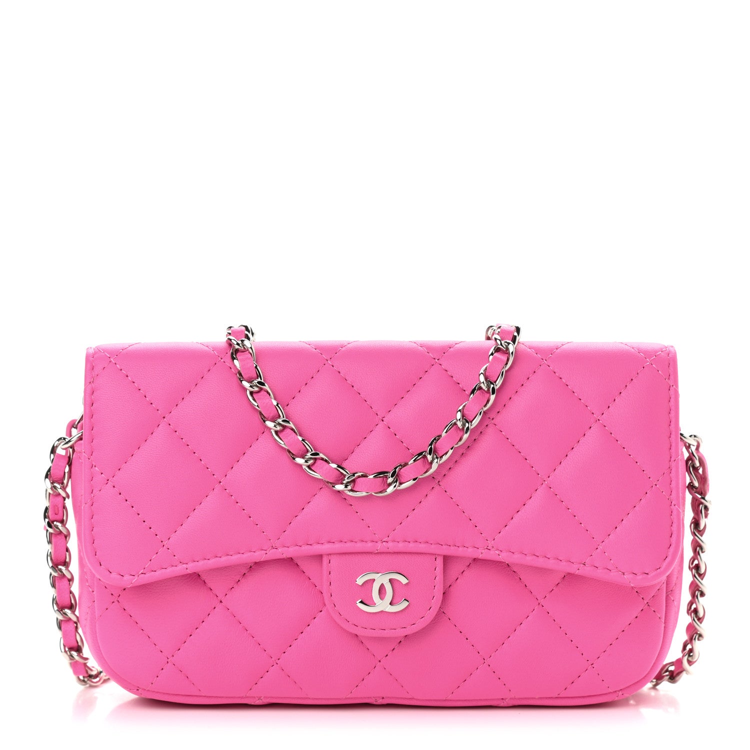 Chanel Lambskin Quilted Flap Phone Holder With Chain Neon Pink 1 of 14