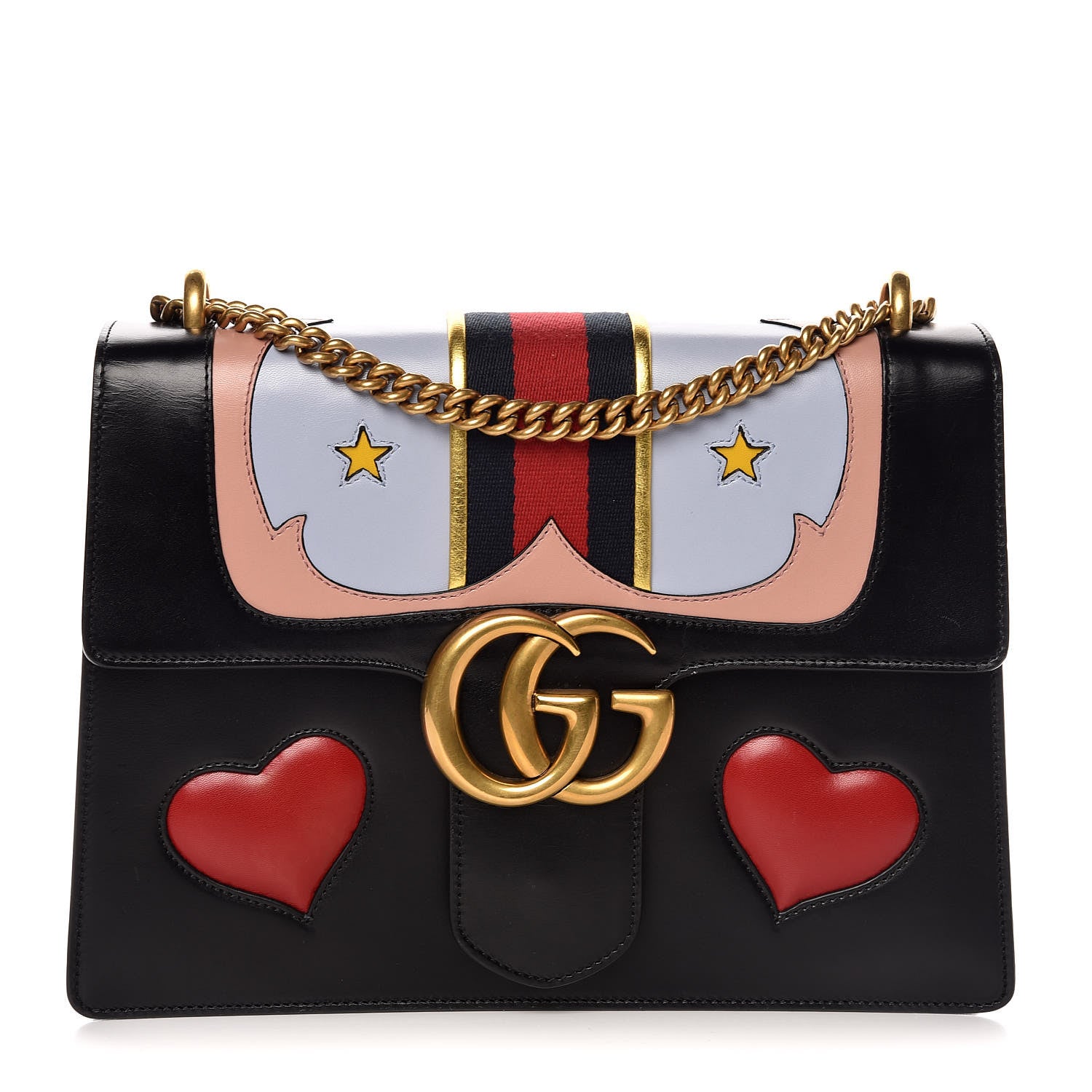 Gucci Calfskin Web Heart Medium GG Marmont Chain Handle Bag Black 1 of 18