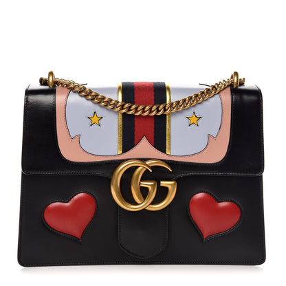 Gucci Calfskin Web Heart Medium GG Marmont Chain Handle Bag Black 1 of 18