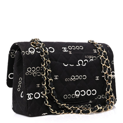 Chanel Canvas Coco Printed Quilted Medium Double Flap Black White 3 of 13