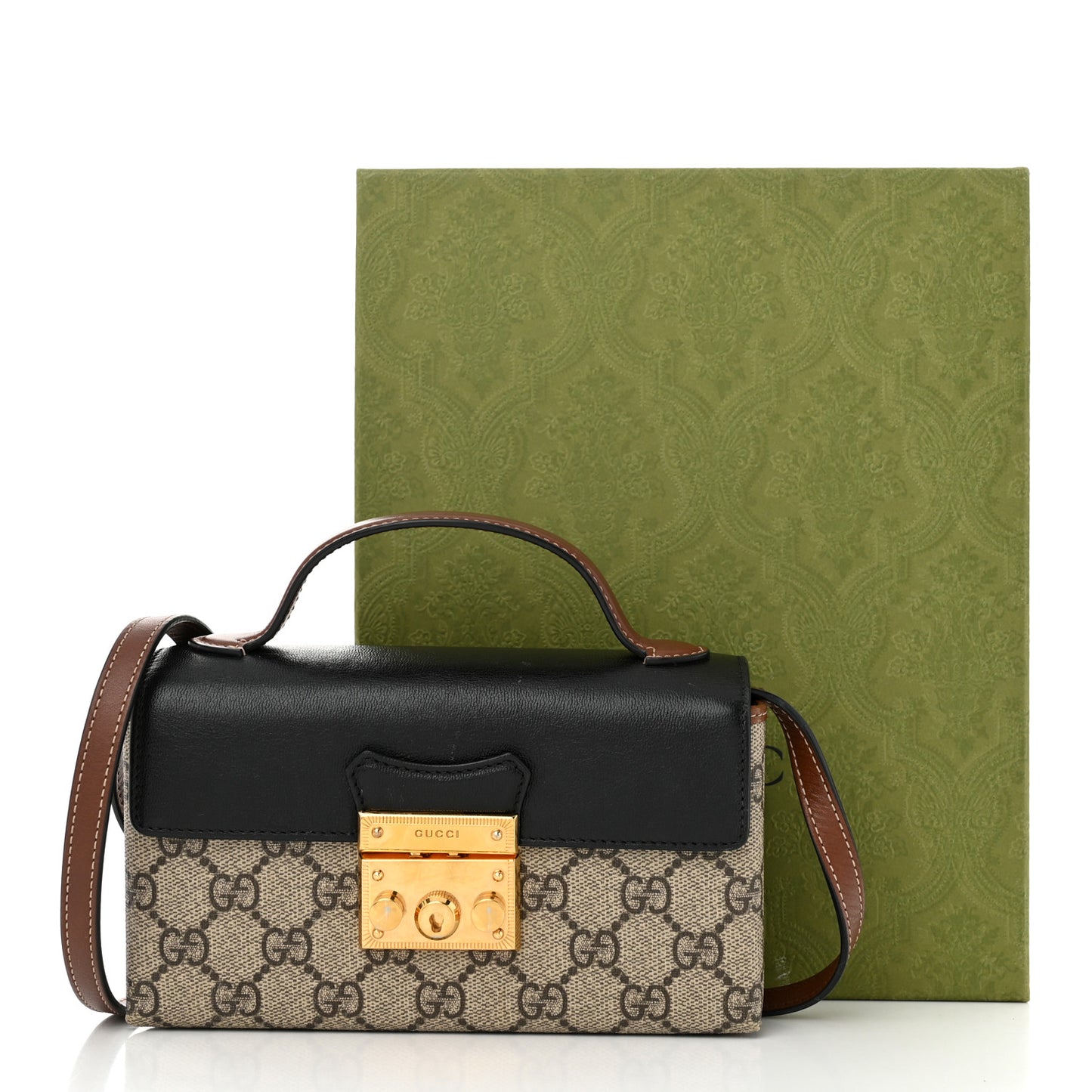 GG Supreme Monogram Calfskin Mini Padlock Top Handle Shoulder Bag Beige Black Cuir