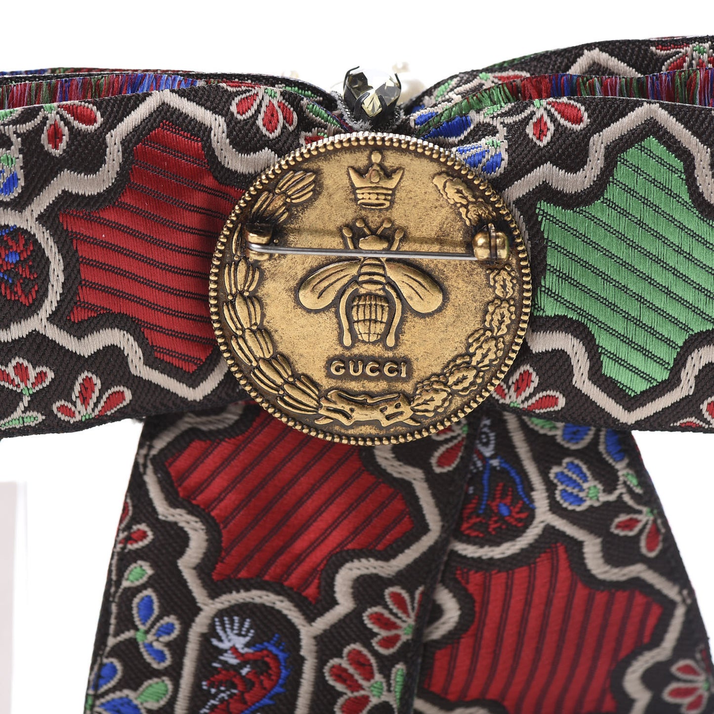 Jacquard Ribbon Metal Crystal Bow Brooch Multicolor