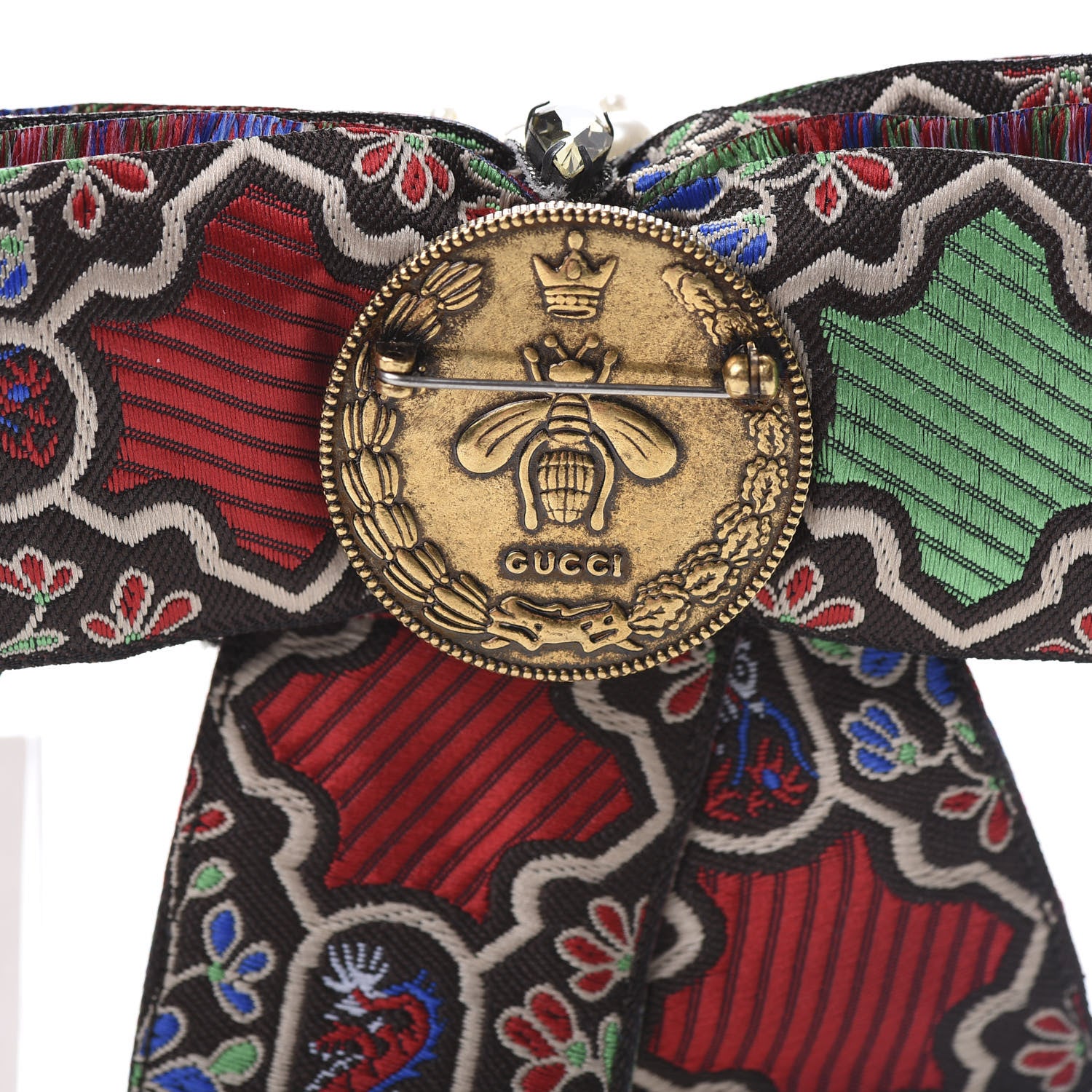 Gucci Jacquard Ribbon Metal Crystal Bow Brooch Multicolor 4 of 4