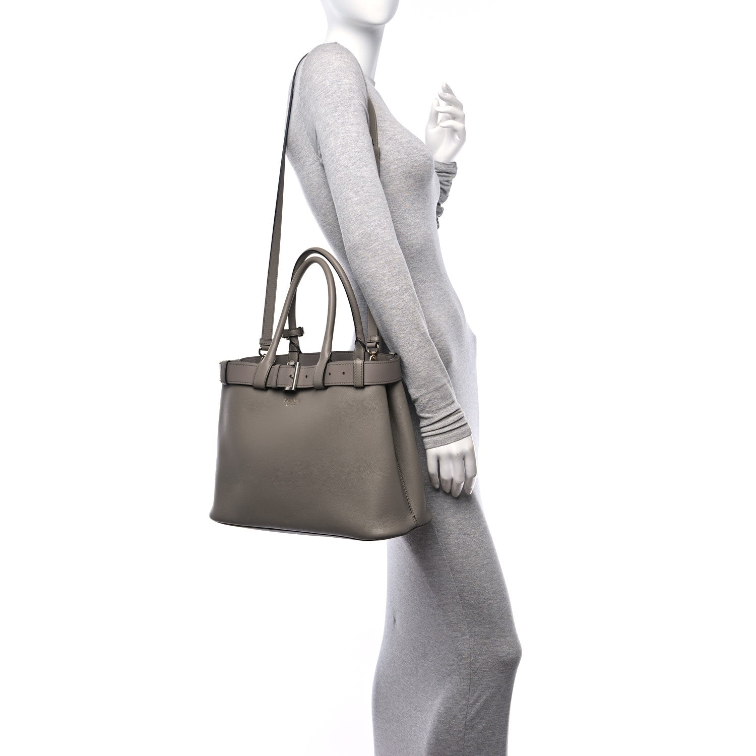 Prada Soft Grain Calfskin Large Buckle Bag With Belt Argilla 3 of 9