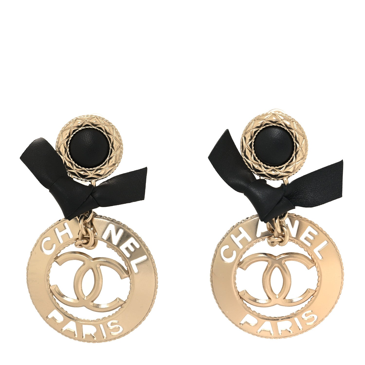 Chanel Lambskin Logo Drop Clip On Earrings Gold Black 1 of 4