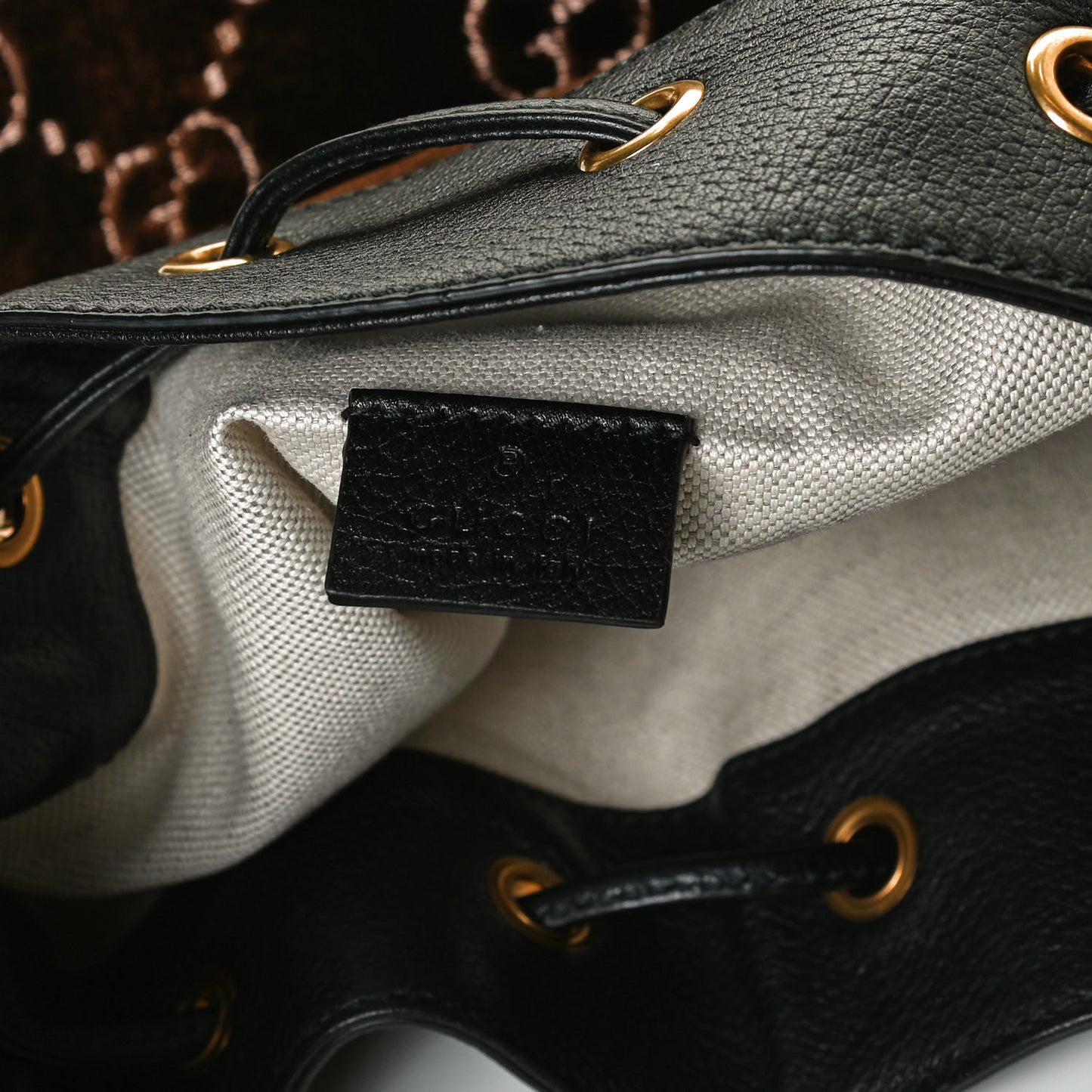 Velvet GG Monogram Textured Calfskin Web Bucket Bag Brown Black