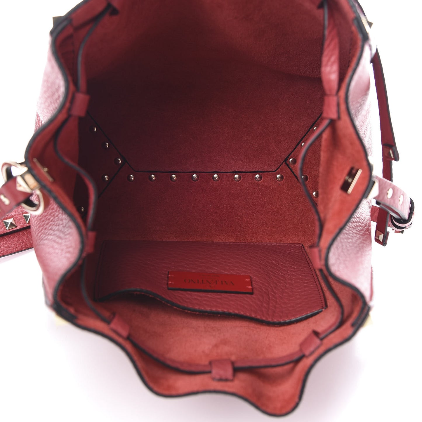 Grained Calfskin Rockstud Bucket Bag Red