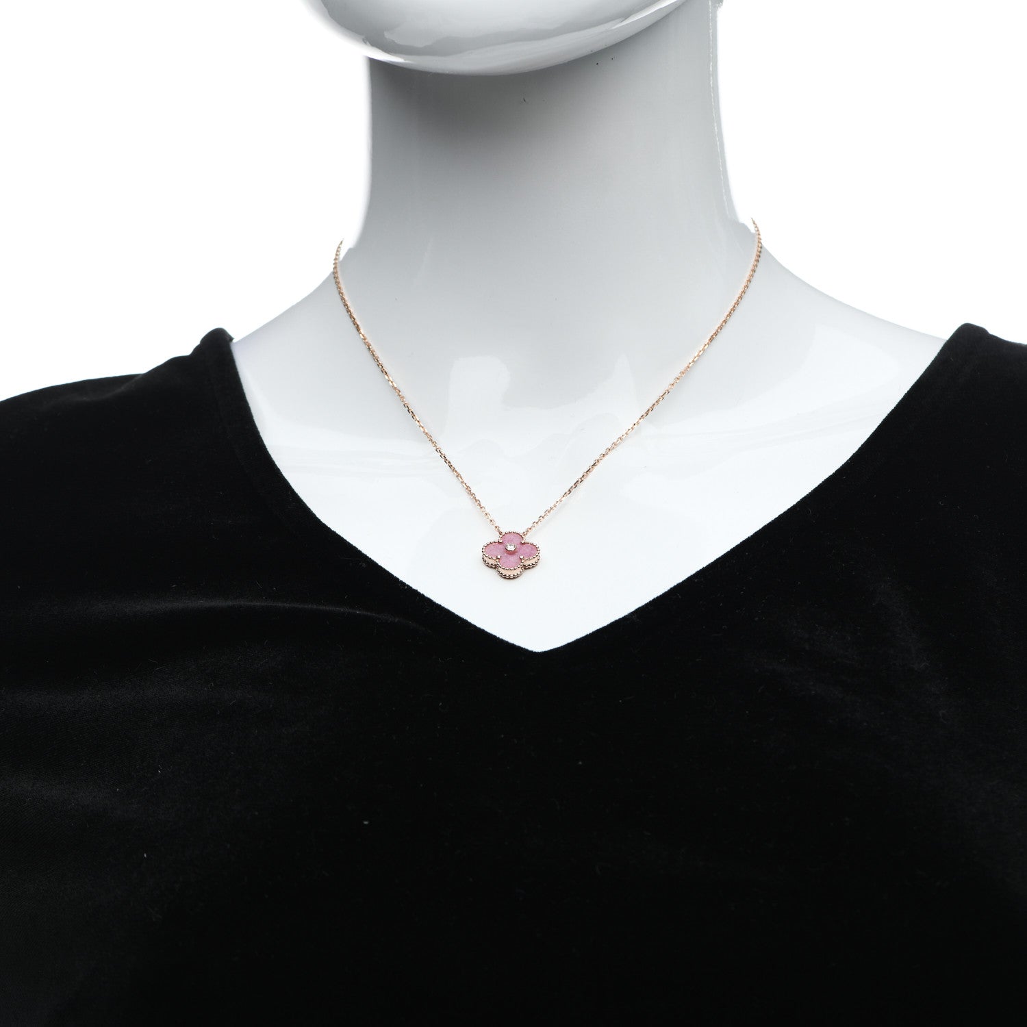Van Cleef & Arpels 18K Rose Gold Diamond Rhodonite Vintage Alhambra Pendant Necklace 2 of 6
