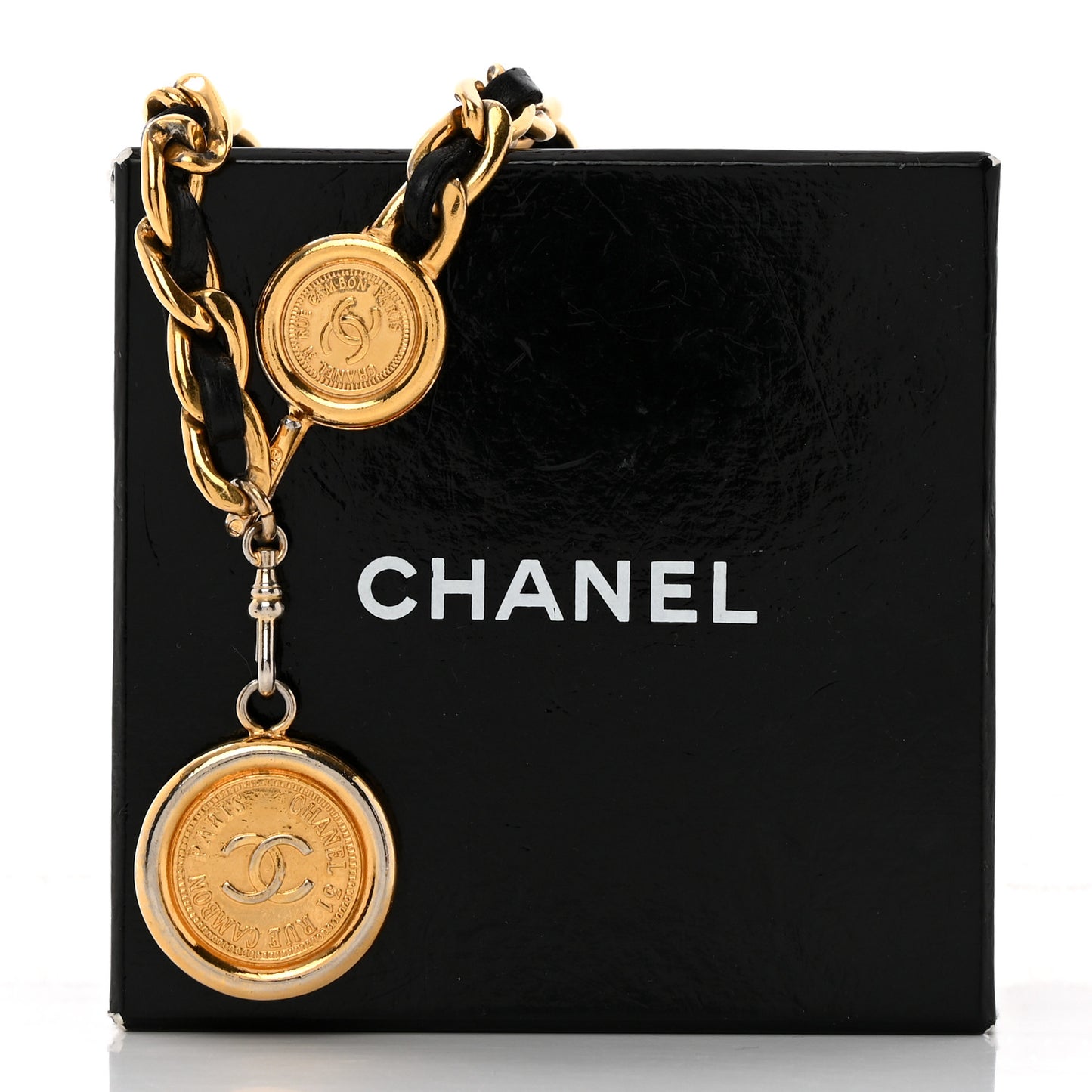 Lambskin Chain CC Medallion Belt Black Gold