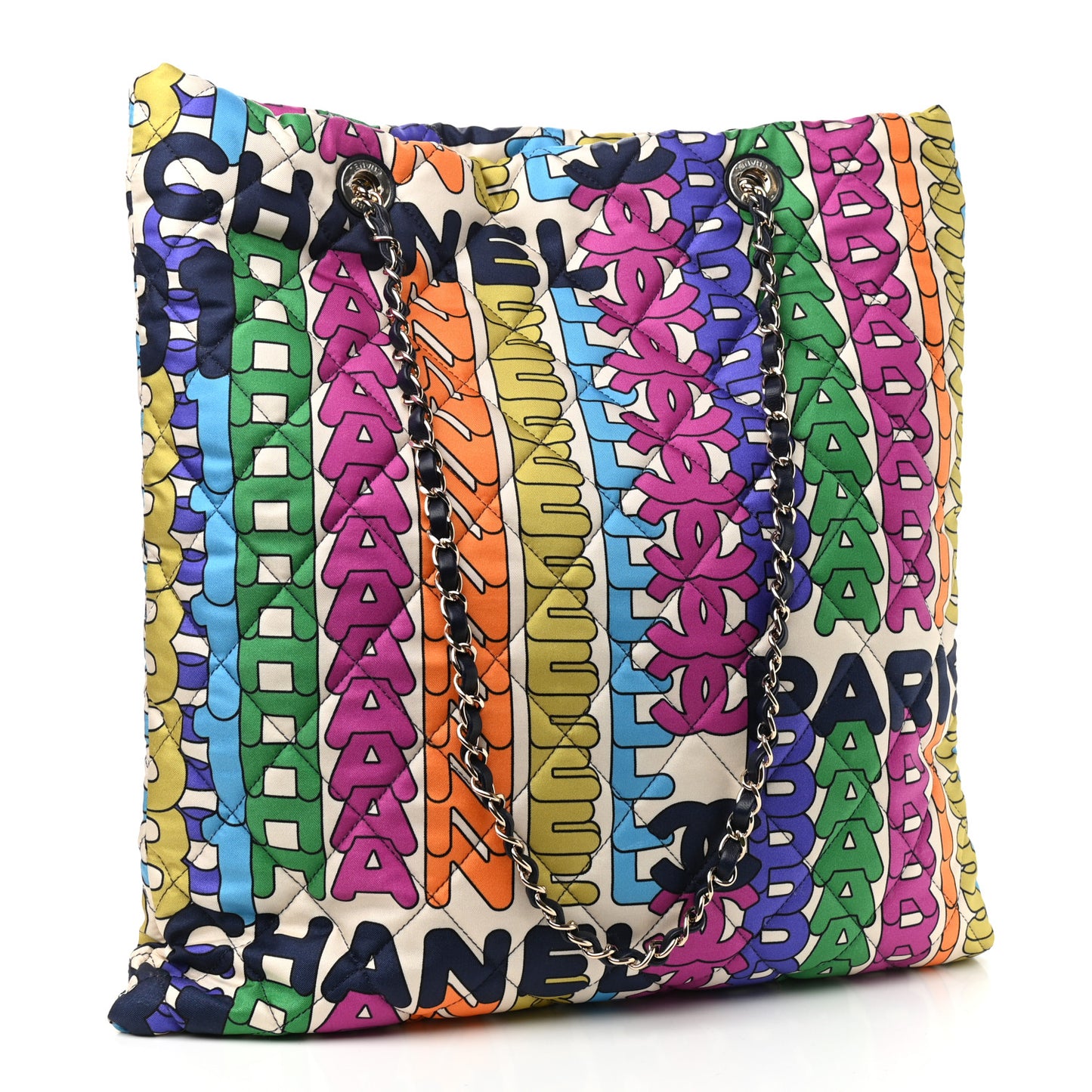 Printed Fabric Quilted Logo Large Shopping Tote Multicolor