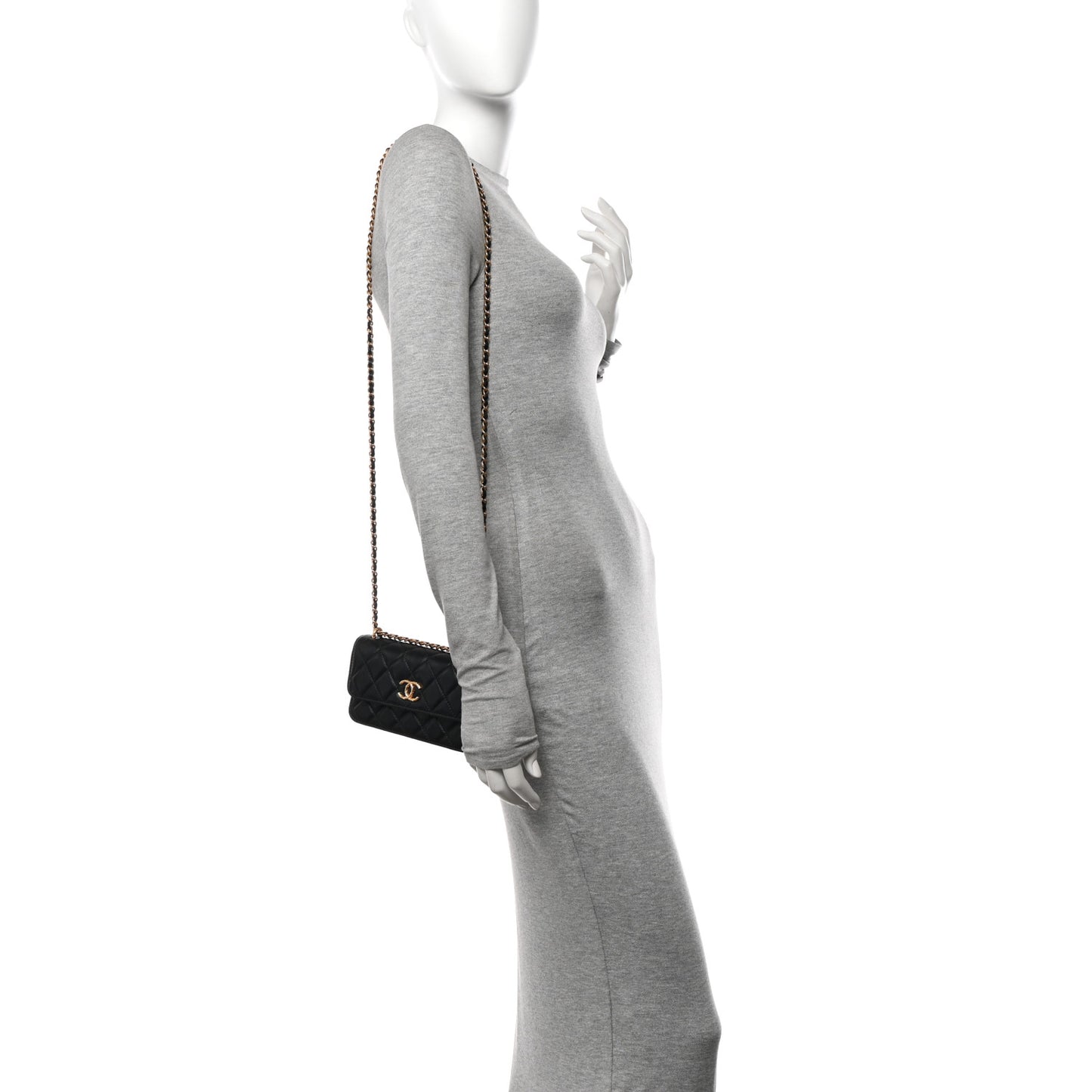 Lambskin Quilted Dynasty Flap Phone Holder With Chain Black